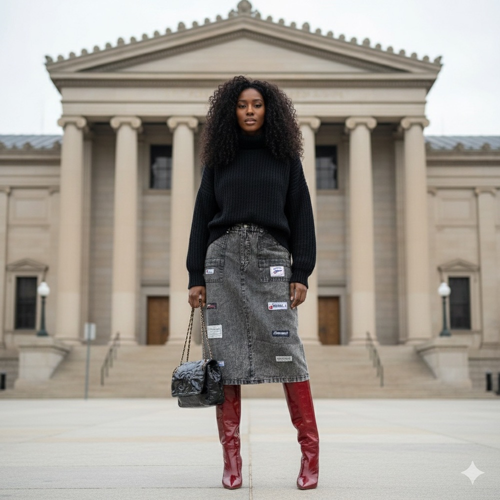 Vintage Britana Magnum Denim Patchwork Pencil Skirt